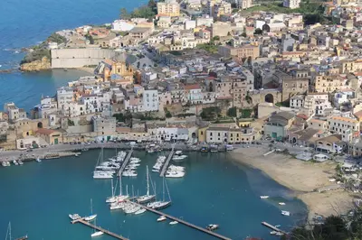 an aerial view of a harbor with boats in the water at Casa Longo 2 in Castellammare del Golfo