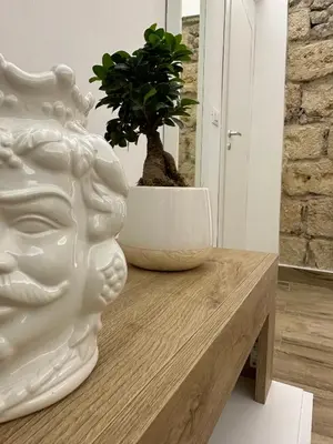 a white vase sitting on a wooden table with a plant at Il Moro in Carini