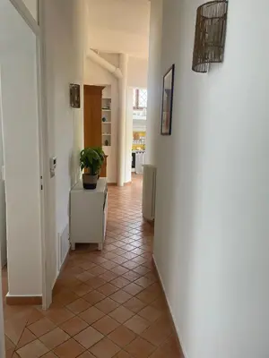 a hallway with a tile floor and a plant on a cabinet at The k house in Palermo