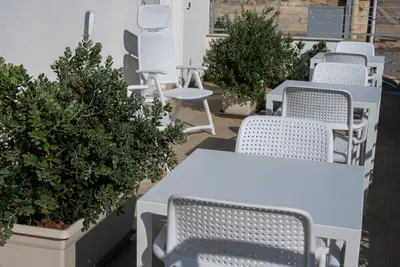 a row of white tables and chairs and potted plants at Butiko in Castelluzzo