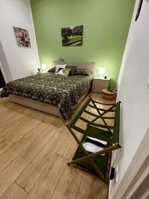 a bedroom with a bed and a green wall at D'Aragona Guest House in Palermo