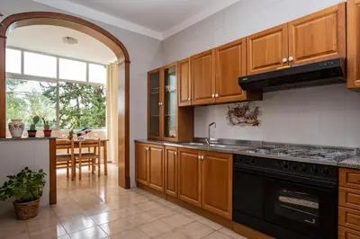 a kitchen with wooden cabinets and a black stove top oven at Gardenia Home in Palermo
