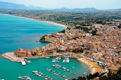 an aerial view of a harbor with boats in the water at Casa vacanze Elisir Del Golfo in Alcamo