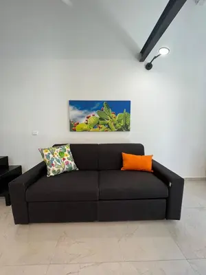a black couch sitting in a living room at Sicilian Paradise Casa Vacanze in Castellammare del Golfo