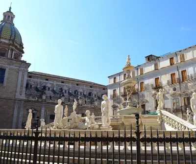 a large fountain in front of a building at Casetta Polì- Appartamento con terrazza - Centro Storico in Palermo