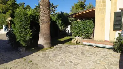 a shadow of a person walking down a sidewalk at Villa con giardino sul lungomare in Campofelice di Roccella