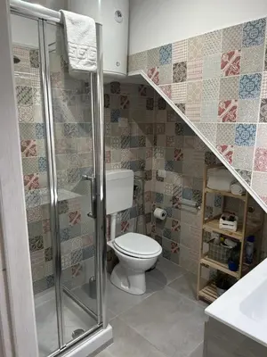 a bathroom with a toilet and a shower and a staircase at Casa Elivì Ballaró 2 passi dal centro storico, parcheggio e stazione ferroviaria in Palermo