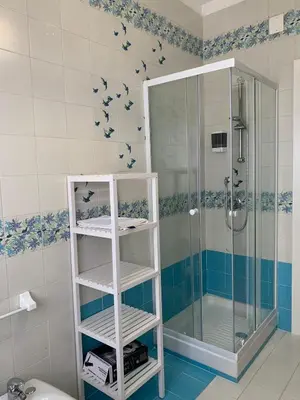 a bathroom with a shower with birds on the wall at Casavacanze nel blu Maestrale in Isola delle Femmine