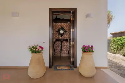 two large vases with flowers in front of a door at Posh villa with pool & jacuzzi in Balestrate