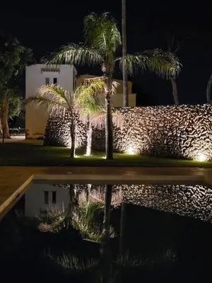 a reflection of palm trees in a pool at night at Villa Albamonte in Carini