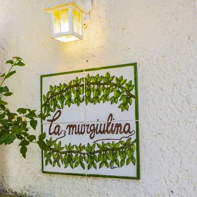 a sign on the side of a wall with a plant at La Murgiulina in Carini