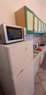 a microwave on top of a refrigerator in a kitchen at La casetta degli ulivi in Palermo