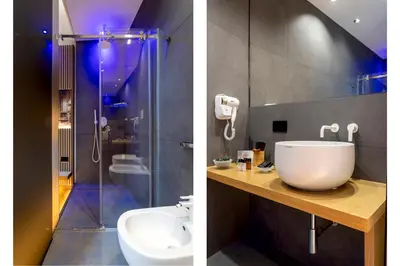 two pictures of a bathroom with a sink and a shower at Hibrido in Palermo