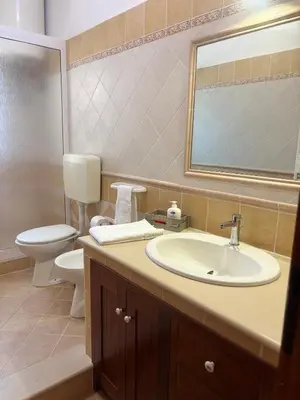 a bathroom with a sink and a toilet and a mirror at Casa Vacanze Gloria in Balestrate