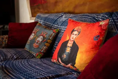 a pillow with a picture of a woman on a bed at Bella Vista Sant Orsula 2 bedroom View Terrace Historic Center Spacious Apartment in Termini Imerese