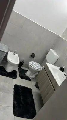 a bathroom with a toilet and a sink with rugs at La piccola casetta del centro in Palermo