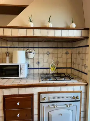 a kitchen with a stove and a microwave at Casa Peppino in Palermo