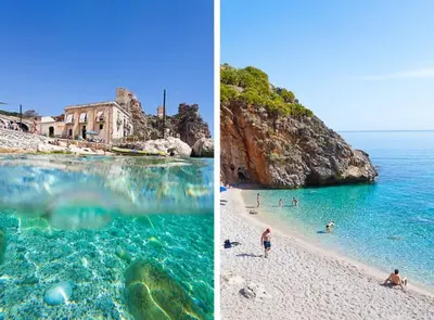two pictures of a beach with people in the water at sicilian rustic in Scopello