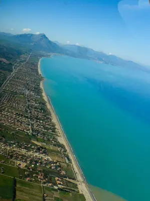 an aerial view of a beach and the ocean at Villa Letizia in Campofelice di Roccella