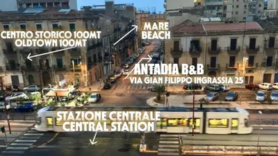 a view of a city street with a train at Antadia in Palermo
