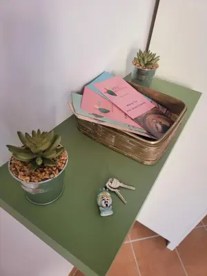 a table with books and potted plants on it at Le Due Perle in Palermo