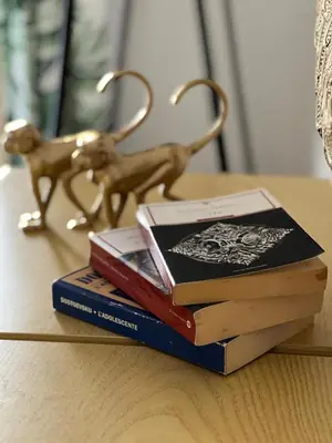 a stack of books sitting on a table with a gold dog toy at casa vacanze Mondello mare piscina CHIFEVI in Mondello