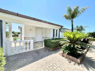a house with a palm tree in front of it at Villa Rachele con piscina in Balestrate