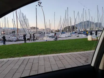 a view of a marina from a car window at Star Politeama apartment, in centro città. in Palermo