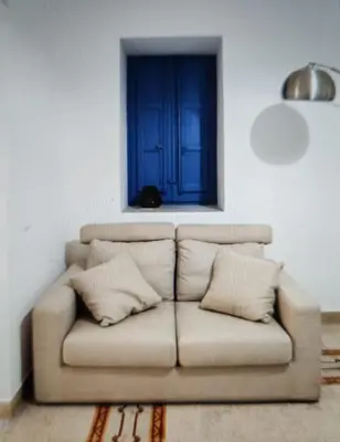 a couch in a living room with a cat sitting in a window at Star Politeama apartment, in centro città. in Palermo