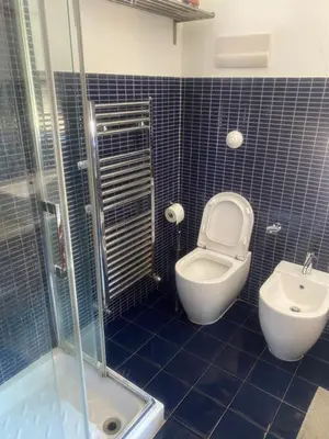 a blue tiled bathroom with a toilet and a sink at MONTE PELLEGRINO HOUSE AND TERRACE in Palermo