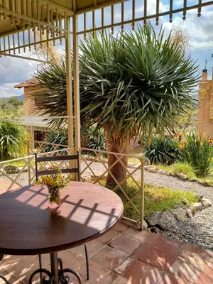 a table and chair under a pavilion with a palm tree at Villa Paladino Solunto in Santa Flavia