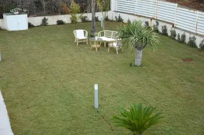 a backyard with a table and chairs and a palm tree at Villa dei Pioppi Deluxe in Carini