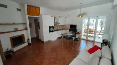 a living room with a couch and a fireplace at Villa Calici in Pioppo