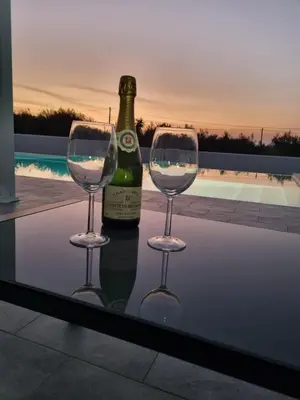 a bottle of wine and two wine glasses next to a pool at VILLA STELLA LUXURY IN SICILY with swimming pool for exclusive use in Balestrate