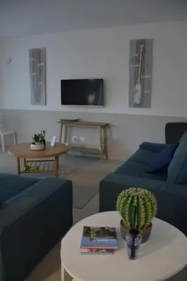 a living room with two blue couches and a cactus at Caladdaura in Palermo