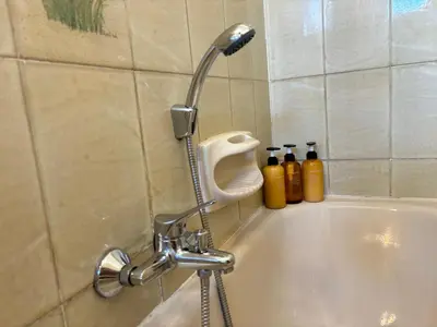 a bath tub with a shower head in a bathroom at Ekry Apartment in Palermo