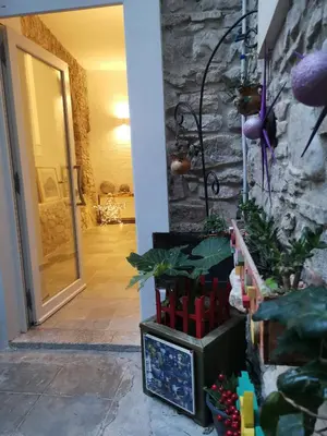 a hallway with a stone wall and a plant at La casa sotto il castello in Caccamo
