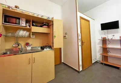 a small kitchen with wooden cabinets and a sink at Monfenera Little Apartments in Palermo