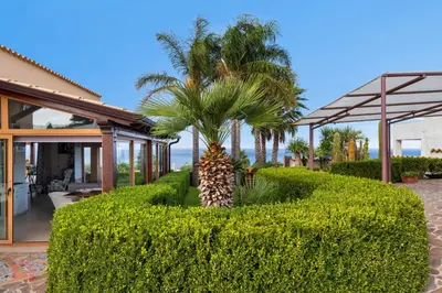 a garden with palm trees in a house at Villa vista mare e piscina privata ad Alcamo in Alcamo