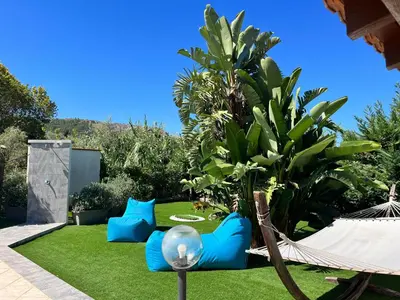 a garden with a hammock and a palm tree at Villa CLARA in Altavilla Milicia