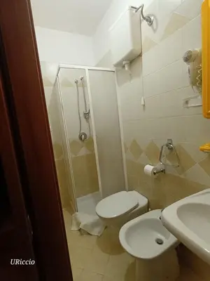 a bathroom with a shower and a toilet and a sink at Casa Riccio in Palermo