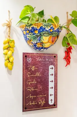 a sign in front of a bowl and a plate at Federico 70 Acquamarina Luxury in Palermo