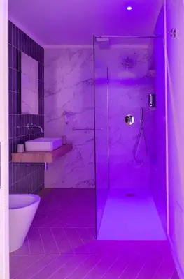 a purple bathroom with a shower and a sink at Le Dame di Sicilia Sicilian Vintage Rooms in Palermo