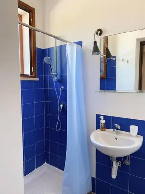 a blue tiled bathroom with a shower and a sink at B&B Pelagos in Castellammare del Golfo