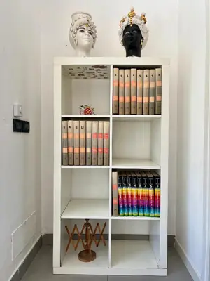 a white book shelf with books and a bust at Flat with Terrace & Pool in Mondello