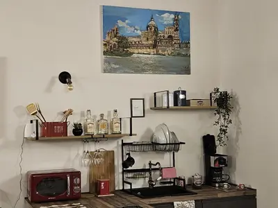 a kitchen with a counter with a microwave and shelves at La Barbera's apatments old town PA in Palermo