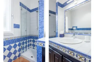 two pictures of a bathroom with a sink and a mirror at Villa NìMia in Castellammare del Golfo