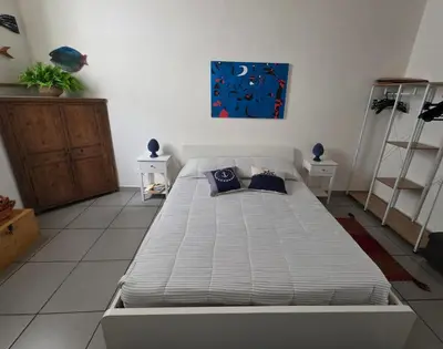 a bedroom with a large white bed with blue pillows at 'a casetta - Sferracavallo in Palermo