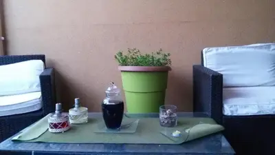 a table with a potted plant and a drink on it at Holiday Home Villa Relax in Palermo