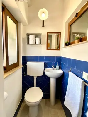 a blue tiled bathroom with a toilet and a sink at Le Case di Anan, Castellammare del Golfo in Castellammare del Golfo